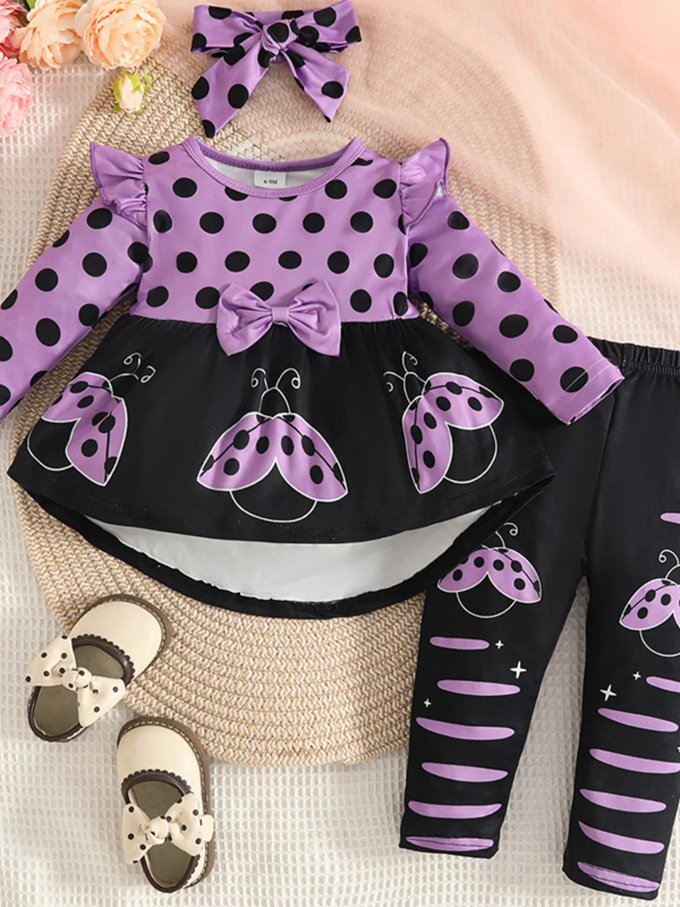 Children's Ladybug Print Ruffle Trim Top and Pants Set - Seedandsoulful