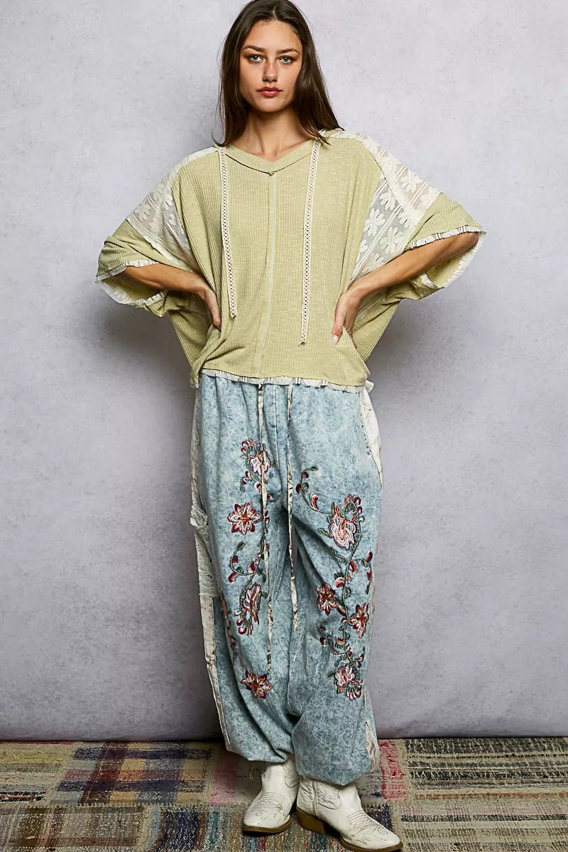 POL Short Sleeve Hoodie Top with Lace Detail - Seedandsoulful