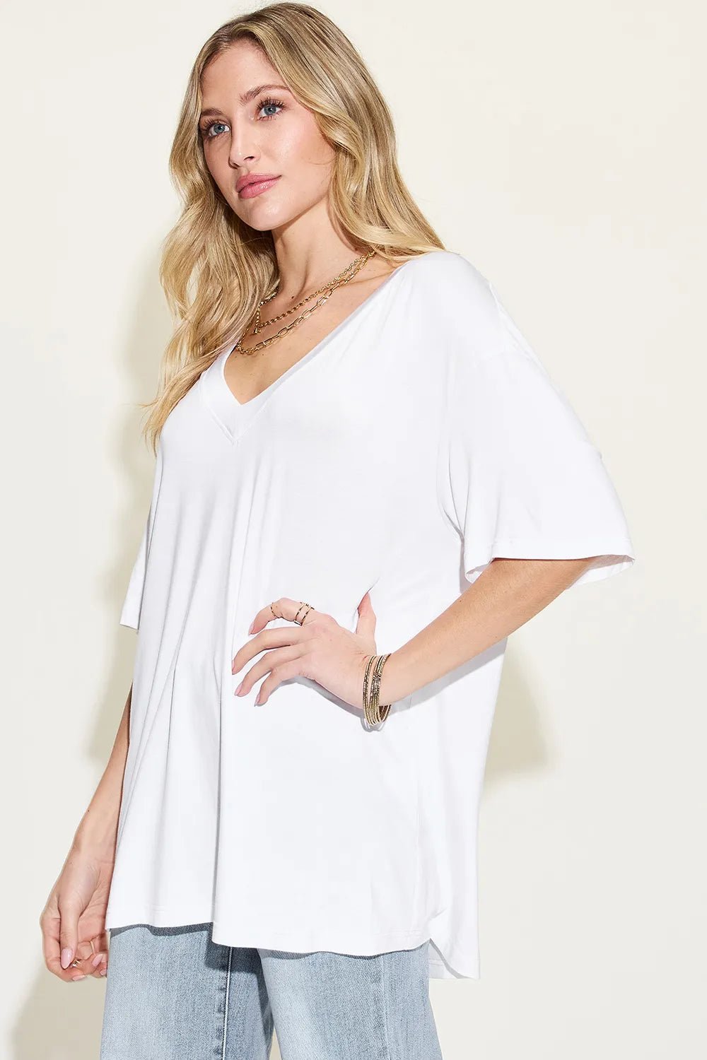 Basic Bae Full Size Bamboo V - Neck Drop Shoulder T-Shirt - Seedandsoulful