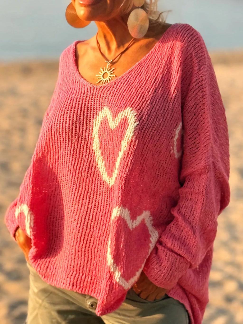 Heart V - Neck Dropped Shoulder Sweater - Seedandsoulful