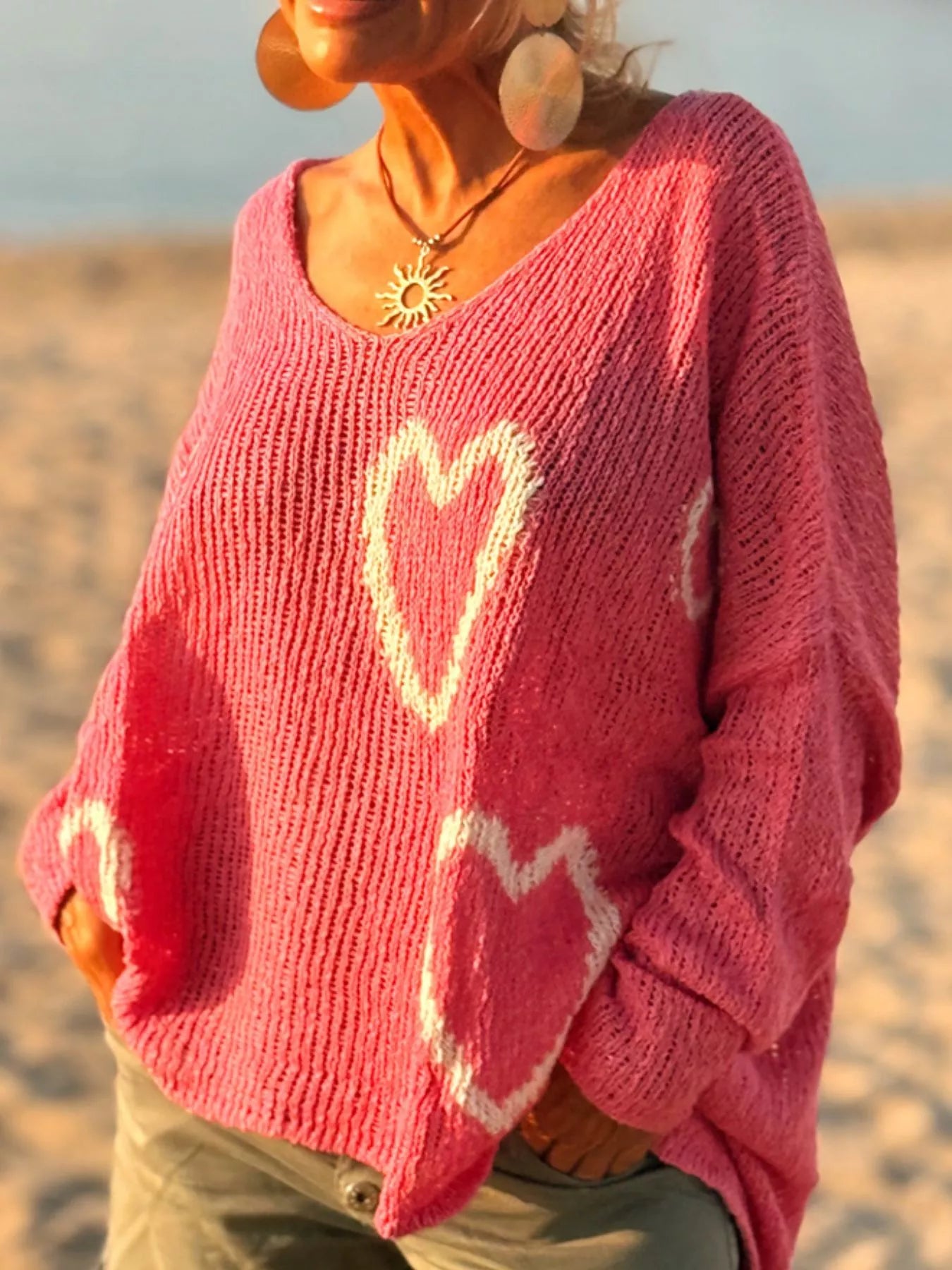 Heart V - Neck Dropped Shoulder Sweater - Seedandsoulful