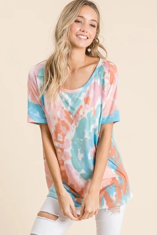 BiBi Tie Dye Print Short Sleeve T-Shirt with Raglan Sleeves - Seedandsoulful