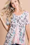 BiBi Tie Dye Print Terry Deep U Neck Top - Seedandsoulful