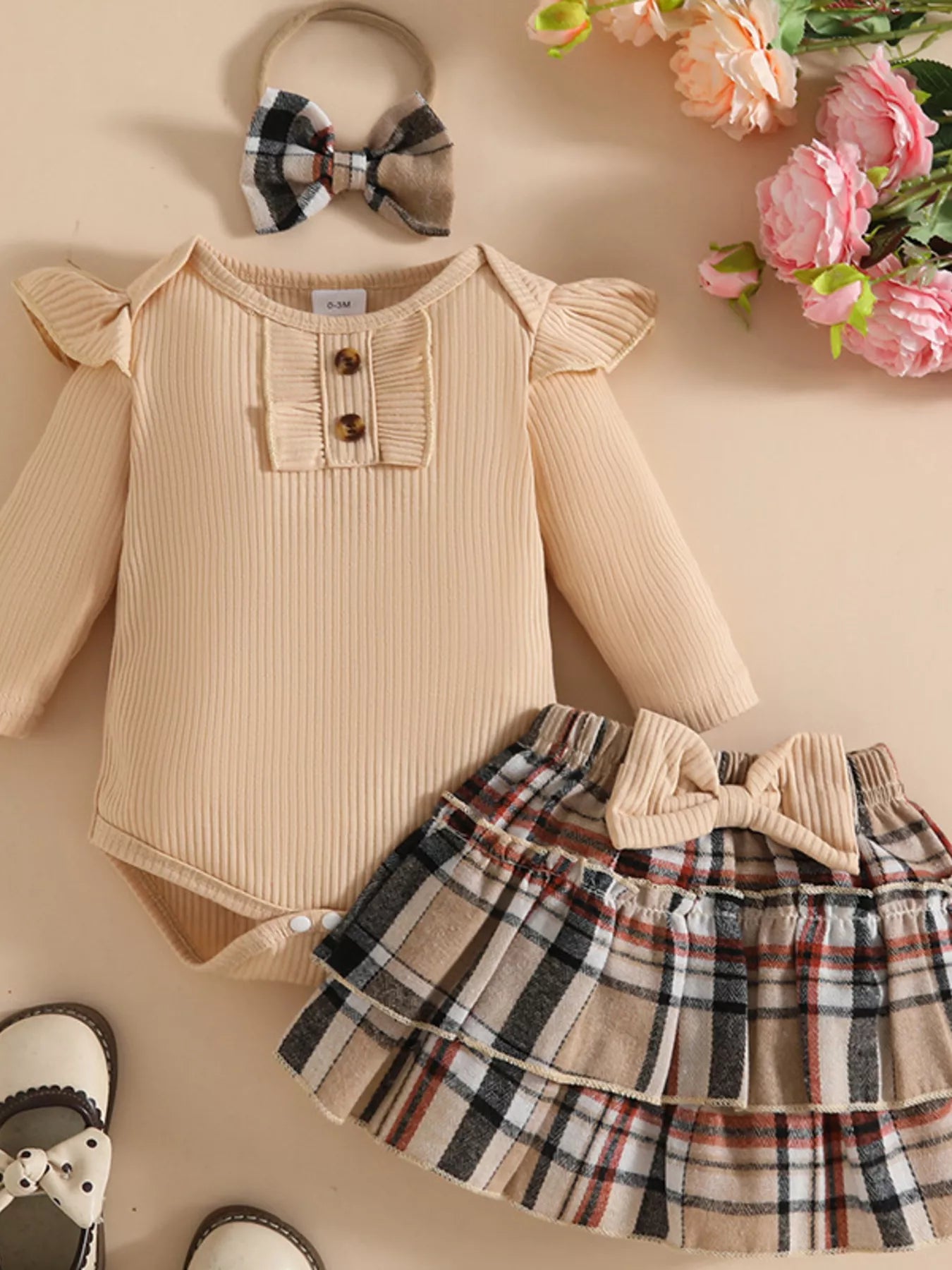 Children's Ruffled Ribbed Bodysuit and Skirt Set with Headband - Seedandsoulful