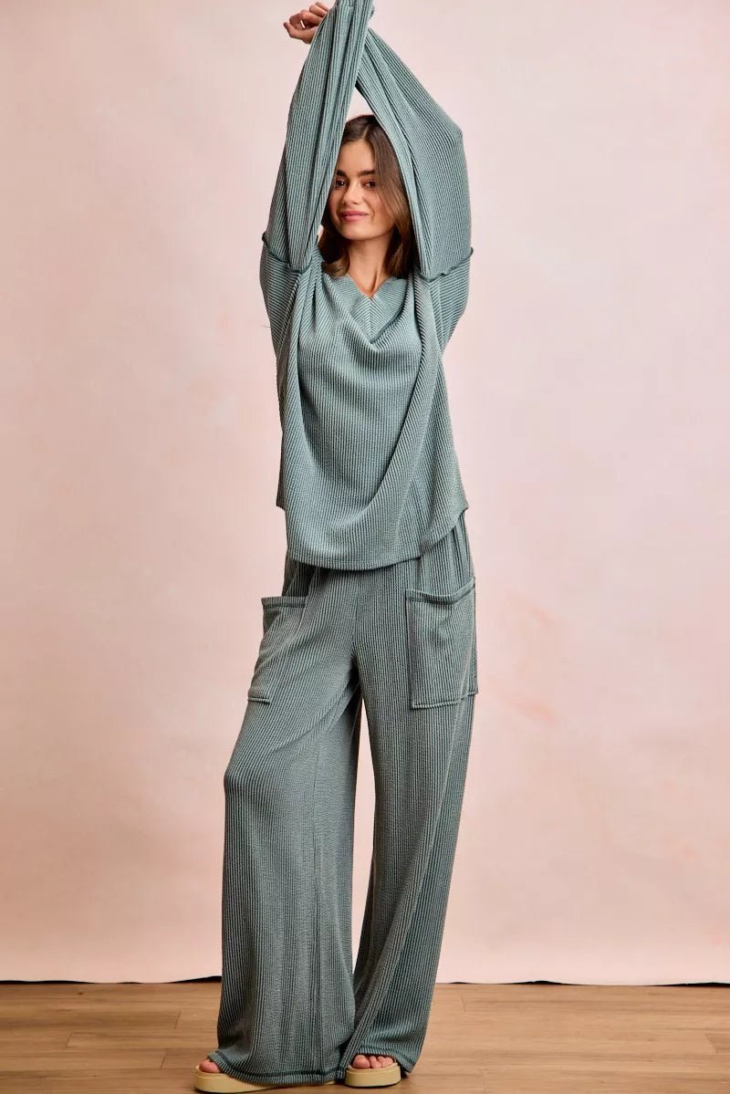 BiBi Two Tone Cord Rib Contrast Stitching V - Neck Top and Pants Set - Seedandsoulful
