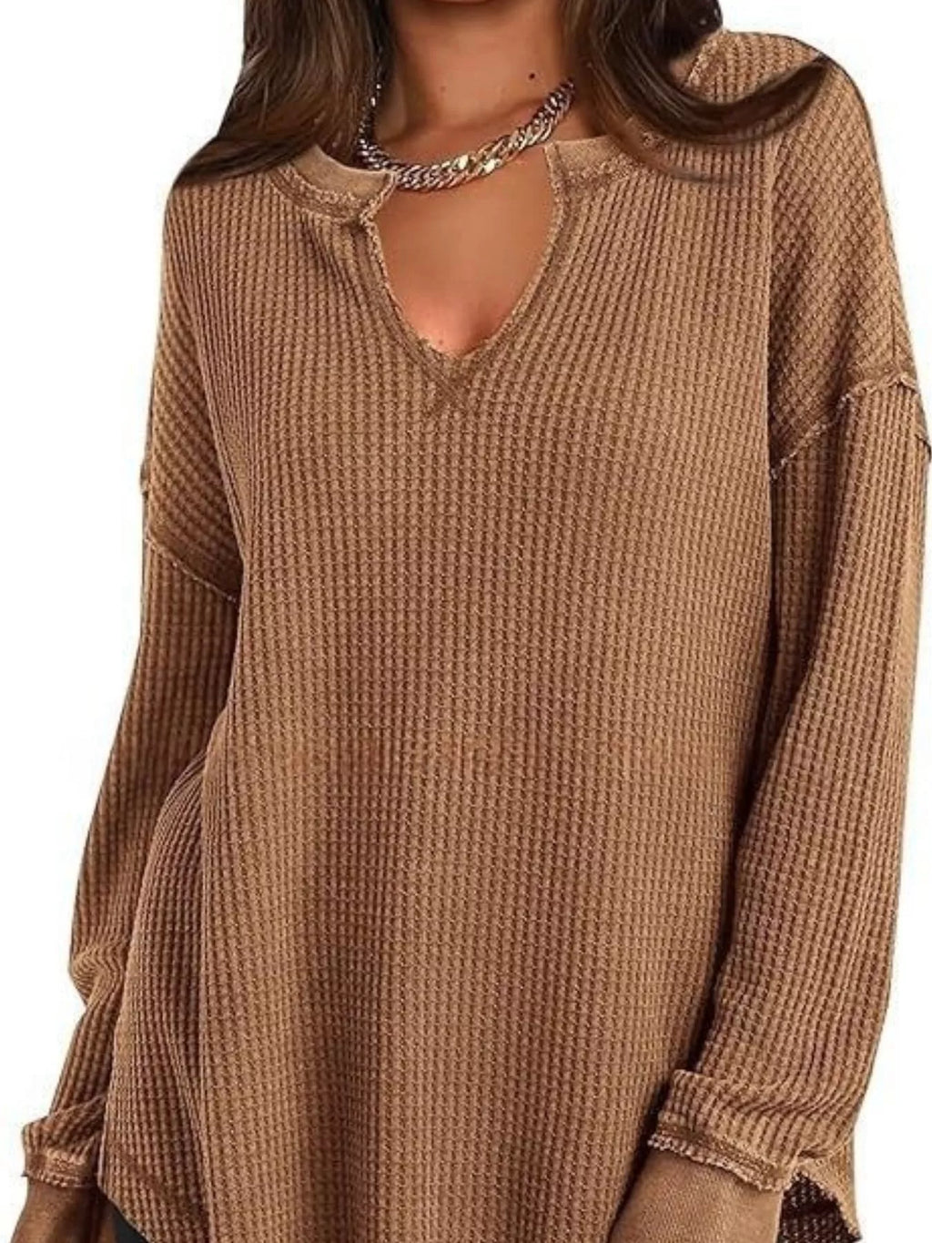 Slit Notched Long Sleeve T-Shirt - Seedandsoulful