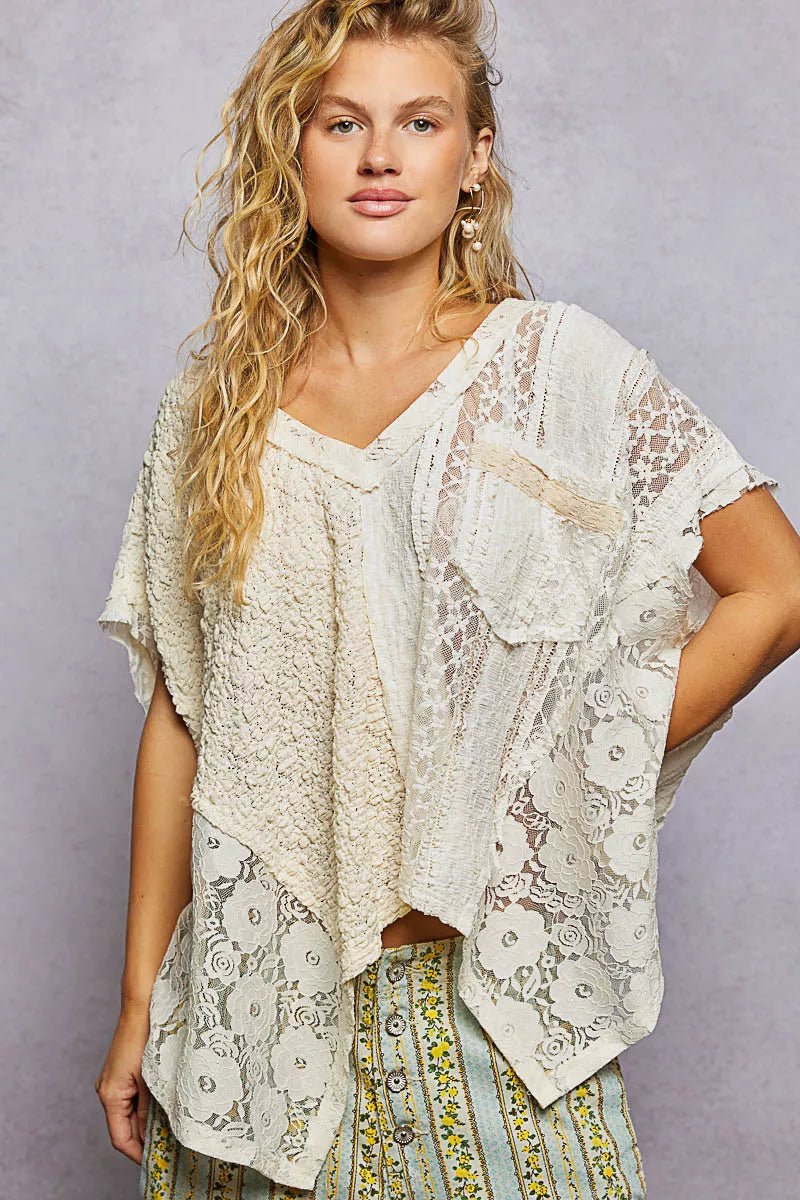 POL Asymmetrical V - Neck Short Sleeve Lace Top - Seedandsoulful