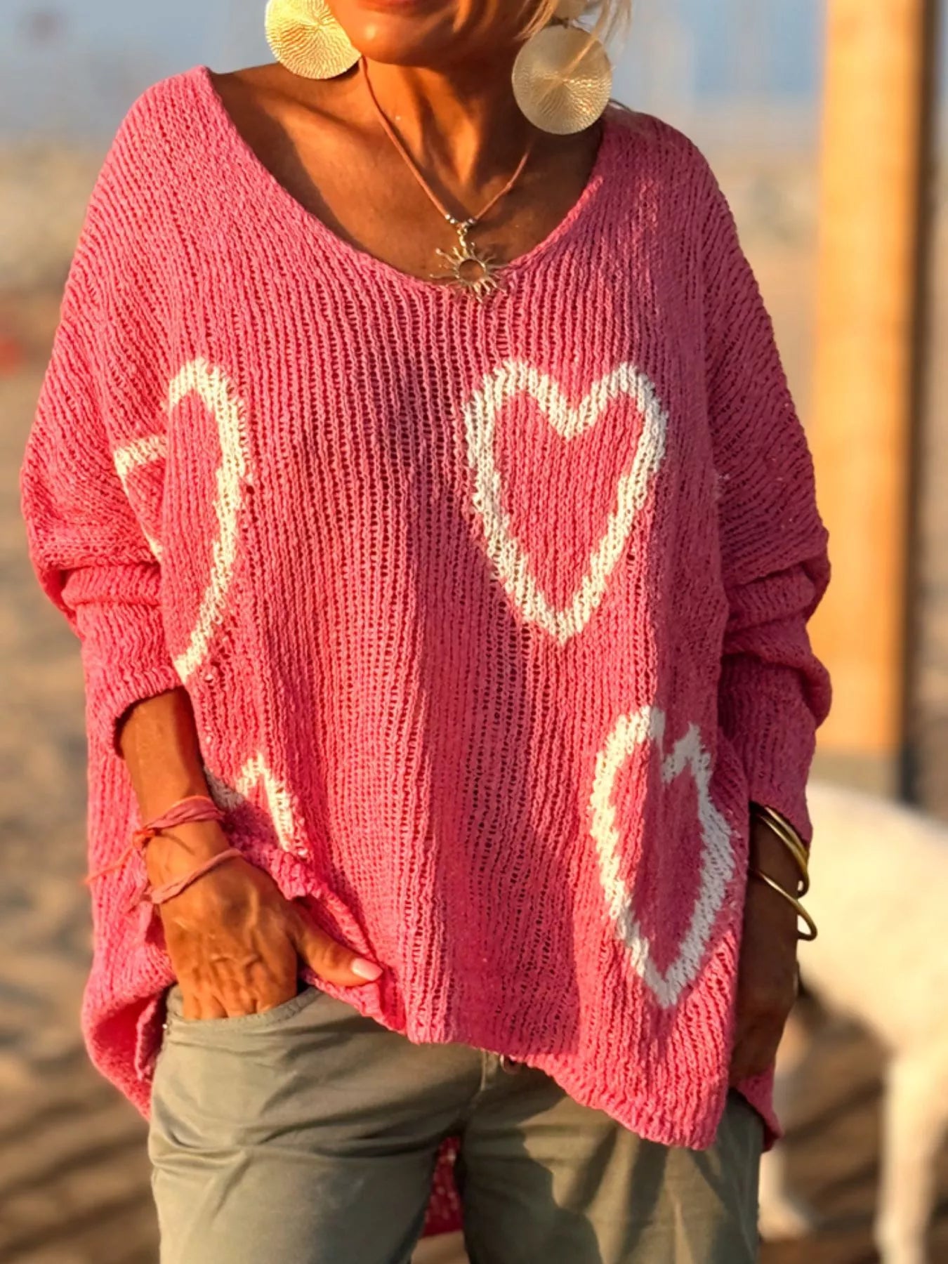 Heart V - Neck Dropped Shoulder Sweater - Seedandsoulful
