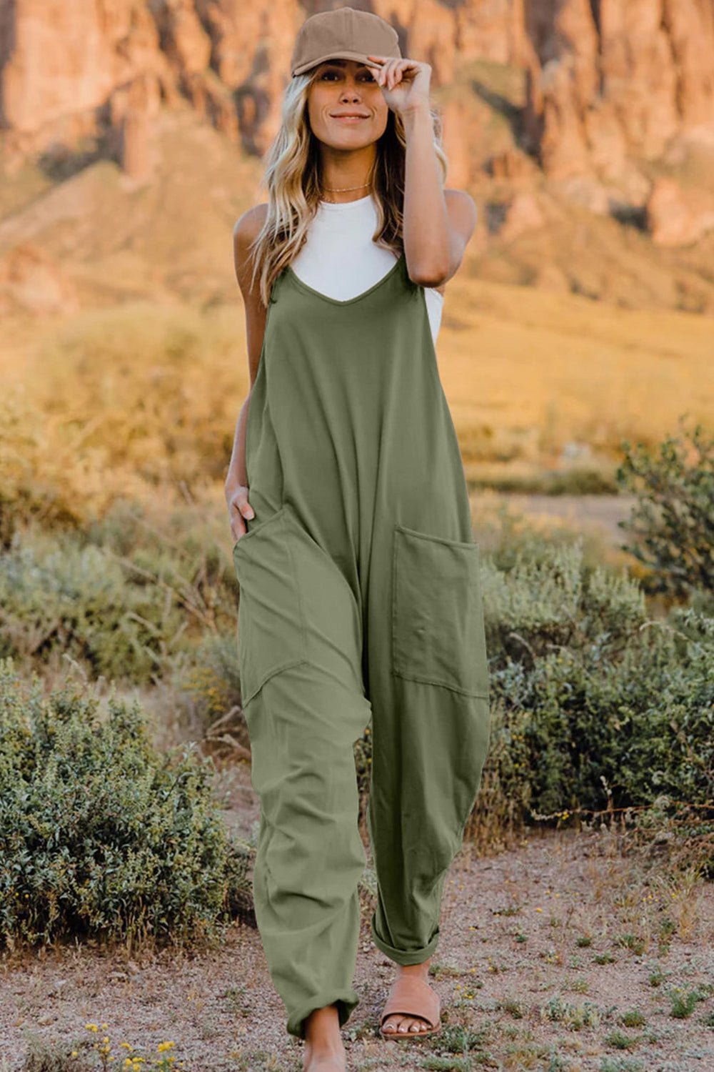 Double Take Full Size V - Neck Sleeveless Jumpsuit with Pockets - Seedandsoulful