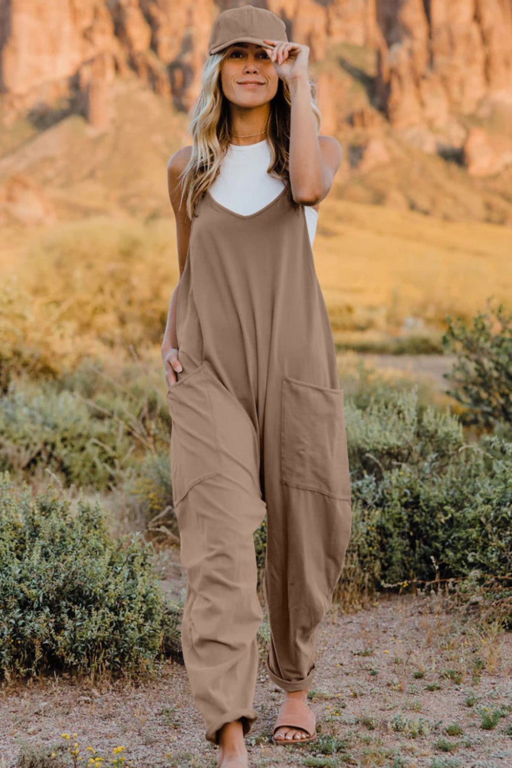 Double Take Full Size V - Neck Sleeveless Jumpsuit with Pockets - Seedandsoulful