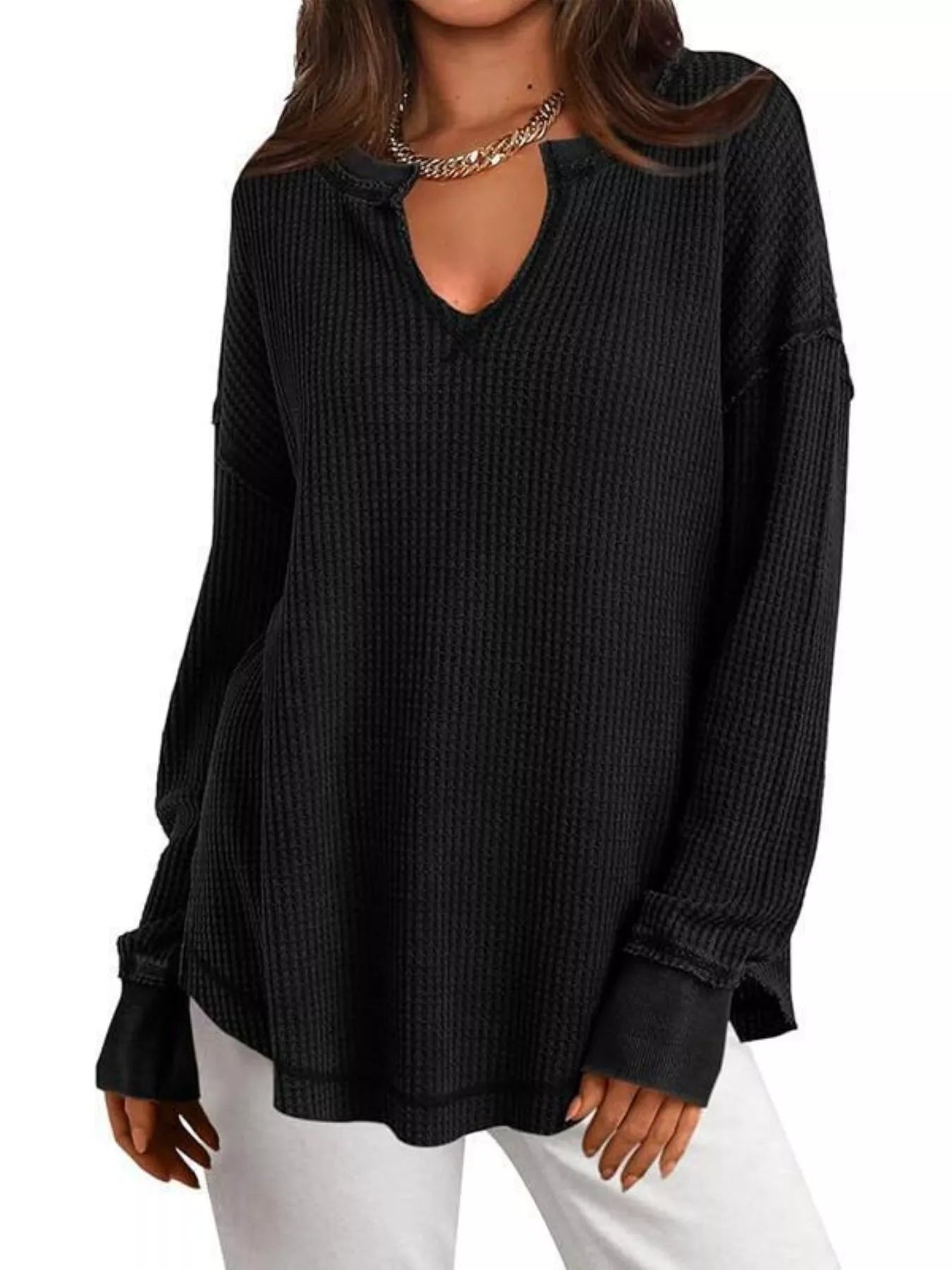 Slit Notched Long Sleeve T-Shirt - Seedandsoulful