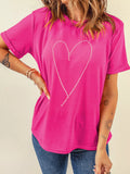 Rhinestone Heart Graphic Crew Neck Valentines Tee - Seedandsoulful
