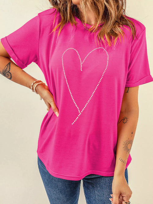 Rhinestone Heart Graphic Crew Neck Valentines Tee - Seedandsoulful