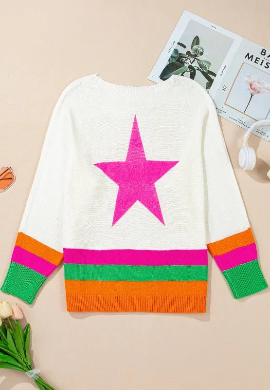 Star Contrast Round Neck Long Sleeve Knit Top - Seedandsoulful