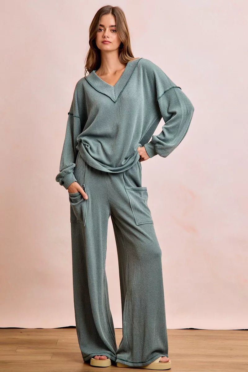 BiBi Two Tone Cord Rib Contrast Stitching V - Neck Top and Pants Set - Seedandsoulful