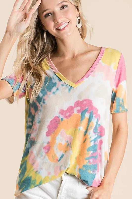 BiBi Circular Tie Dye Print V Neck Top - Seedandsoulful
