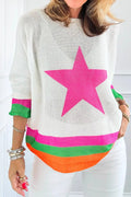 Star Contrast Round Neck Long Sleeve Knit Top - Seedandsoulful
