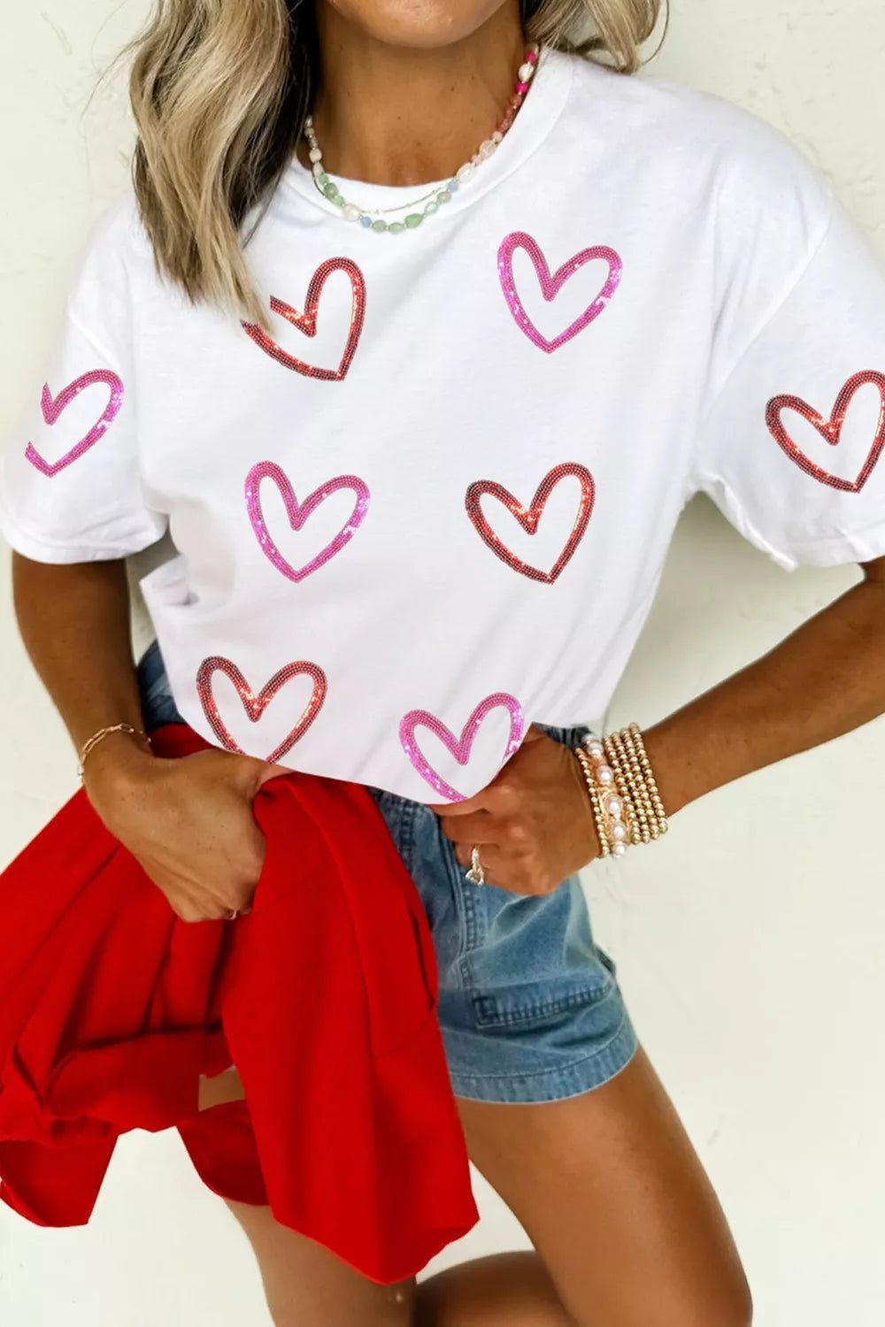 Sequin Heart Short Sleeve Casual Tee - Seedandsoulful