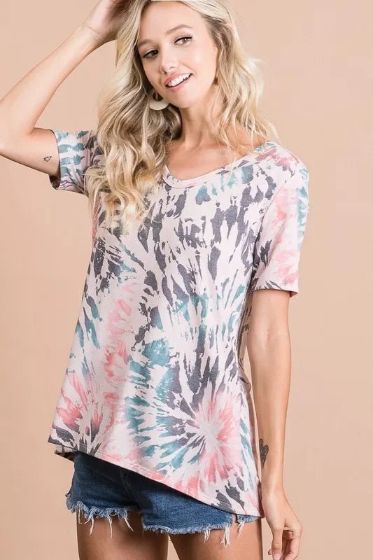 BiBi Tie Dye Print Terry Deep U Neck Top - Seedandsoulful