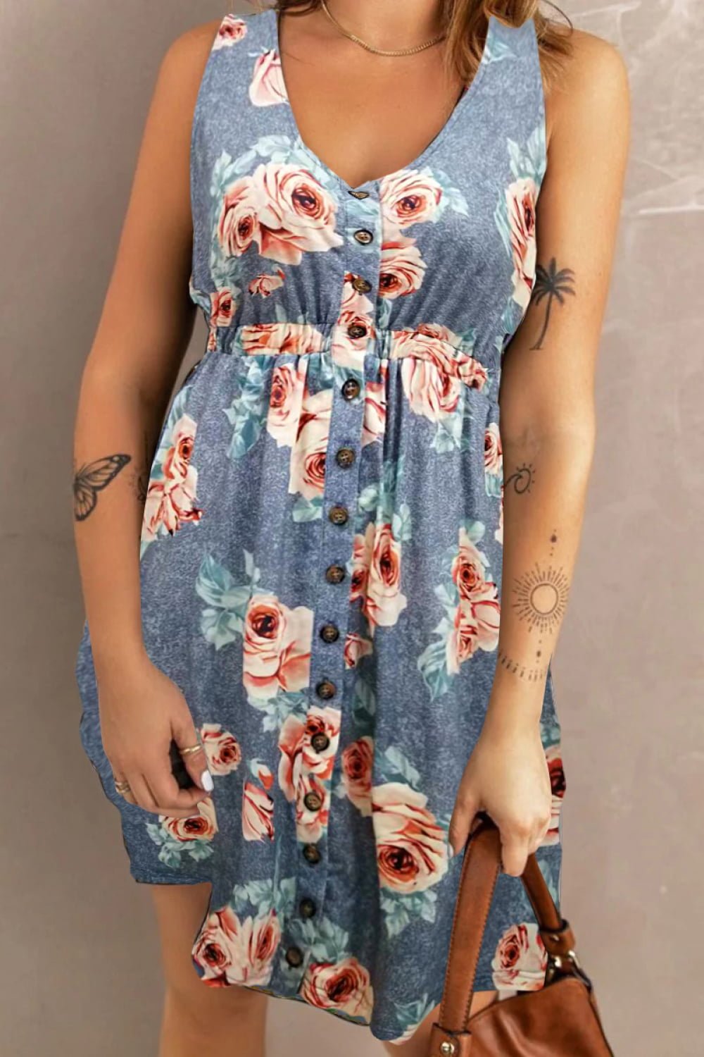 Double Take Printed Scoop Neck Sleeveless Buttoned Magic Dress with Pockets - Seedandsoulful