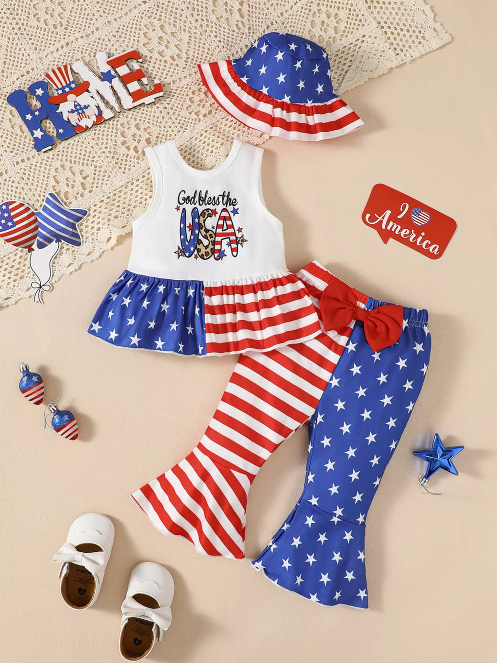 Children's Patriotic Tank and Pants Outfit Set with Hat - Seedandsoulful