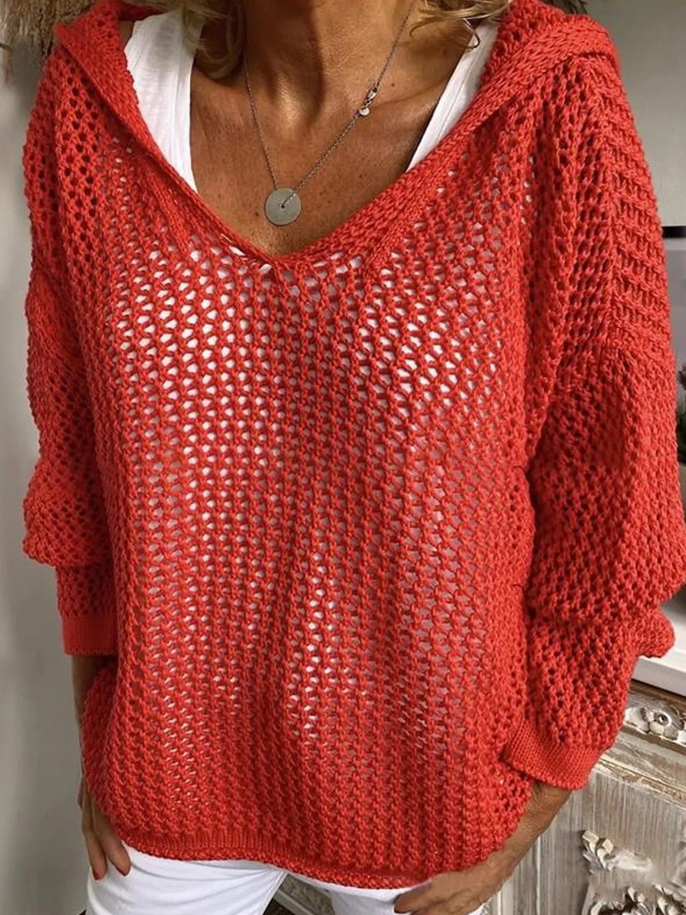 Openwork Long Sleeve Hooded Knit Cover Up - Seedandsoulful