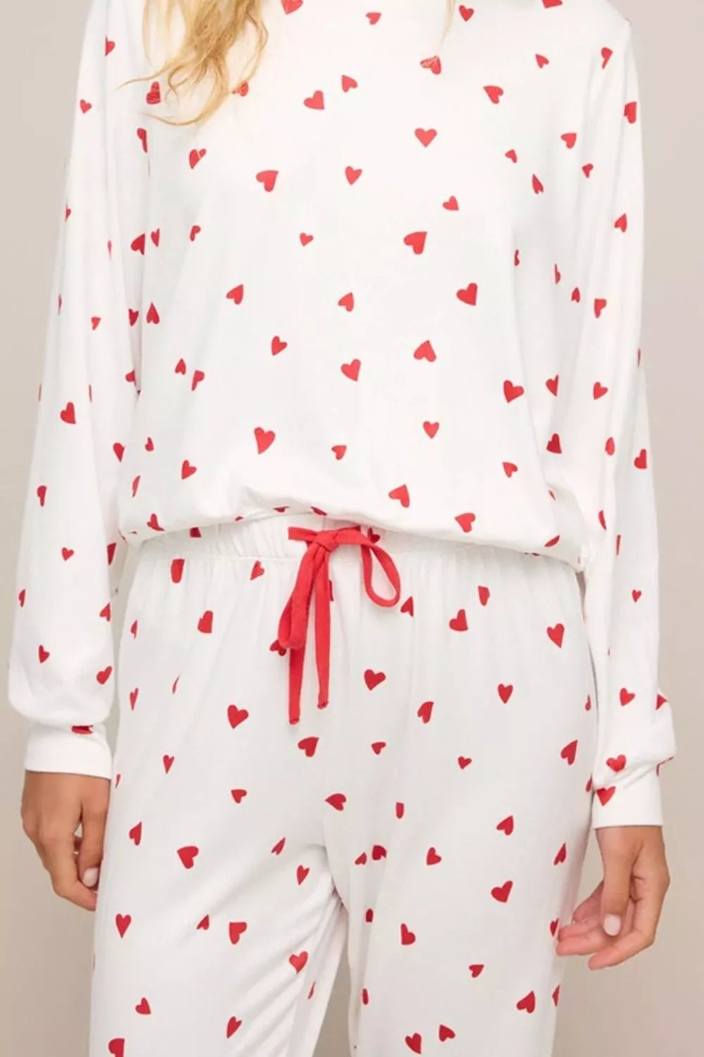 Hearts Printed Long Sleeve Top Drawstring Pants Lounge Set - Seedandsoulful