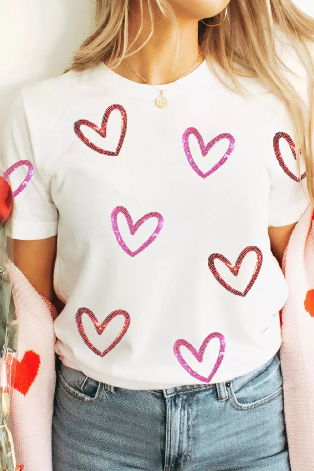 Sequin Heart Short Sleeve Casual Tee - Seedandsoulful
