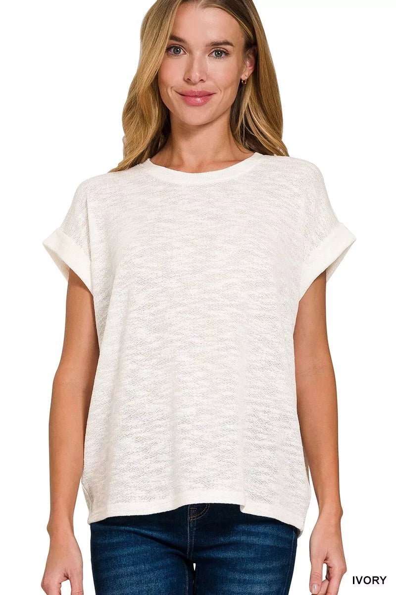 Zenana Hacci Slub Rolled Up Sleeve Tee - Seedandsoulful