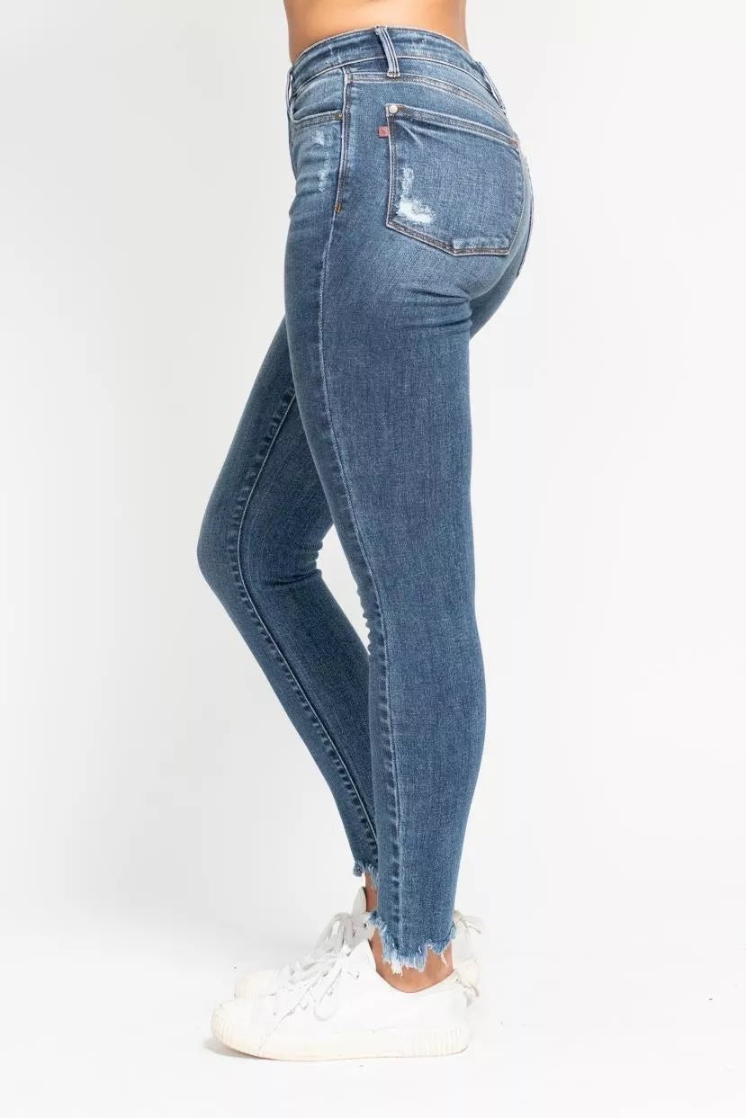 Judy Blue High Waist Skinny Jeans with Destroy & Shark Bit Hem - Seedandsoulful