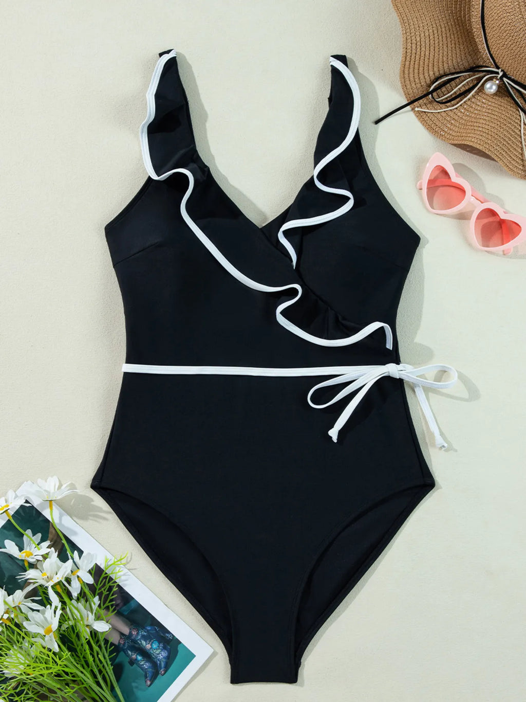Ruffle Trim V - Neck One - Piece Swimsuit - Seedandsoulful