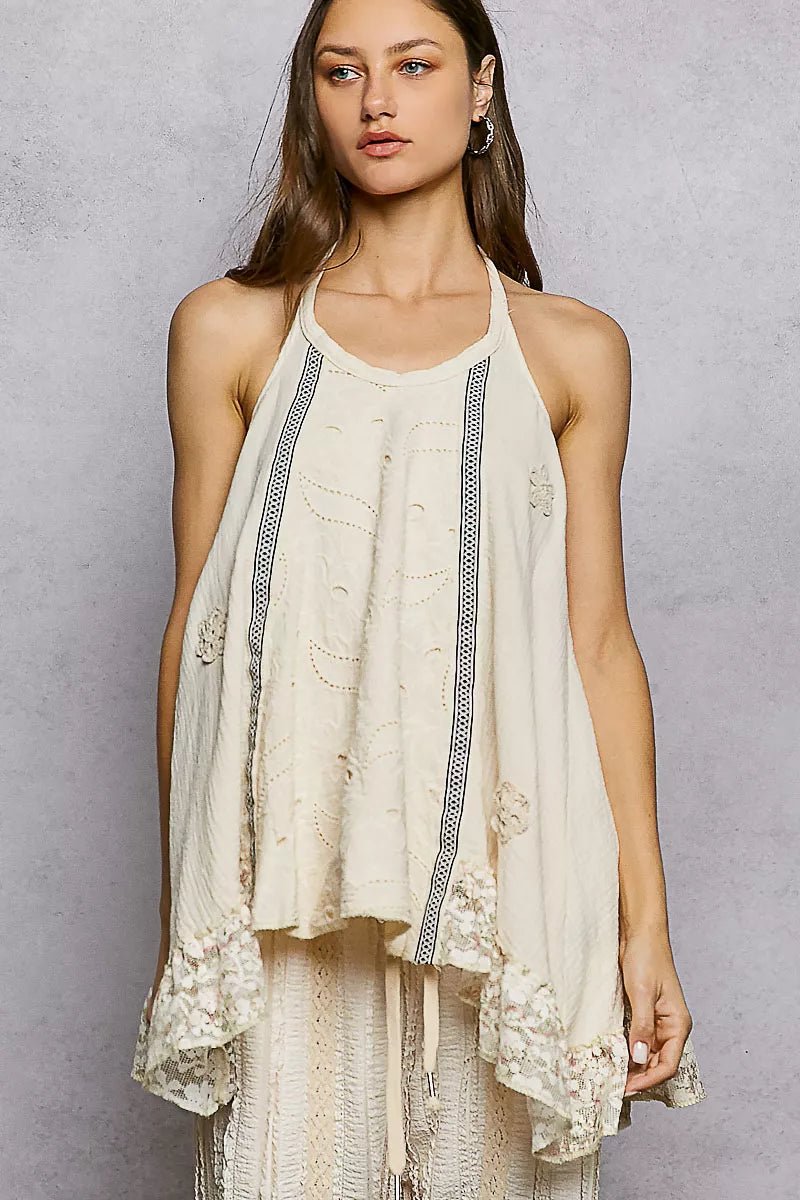 POL Lace Ruffle Halter Neck Double Gauze Top with Crochet Patch - Seedandsoulful