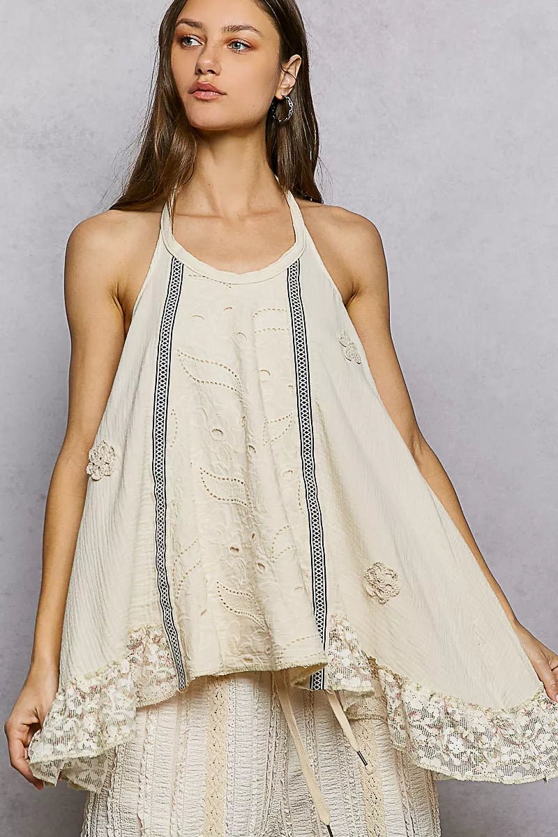 POL Lace Ruffle Halter Neck Double Gauze Top with Crochet Patch - Seedandsoulful