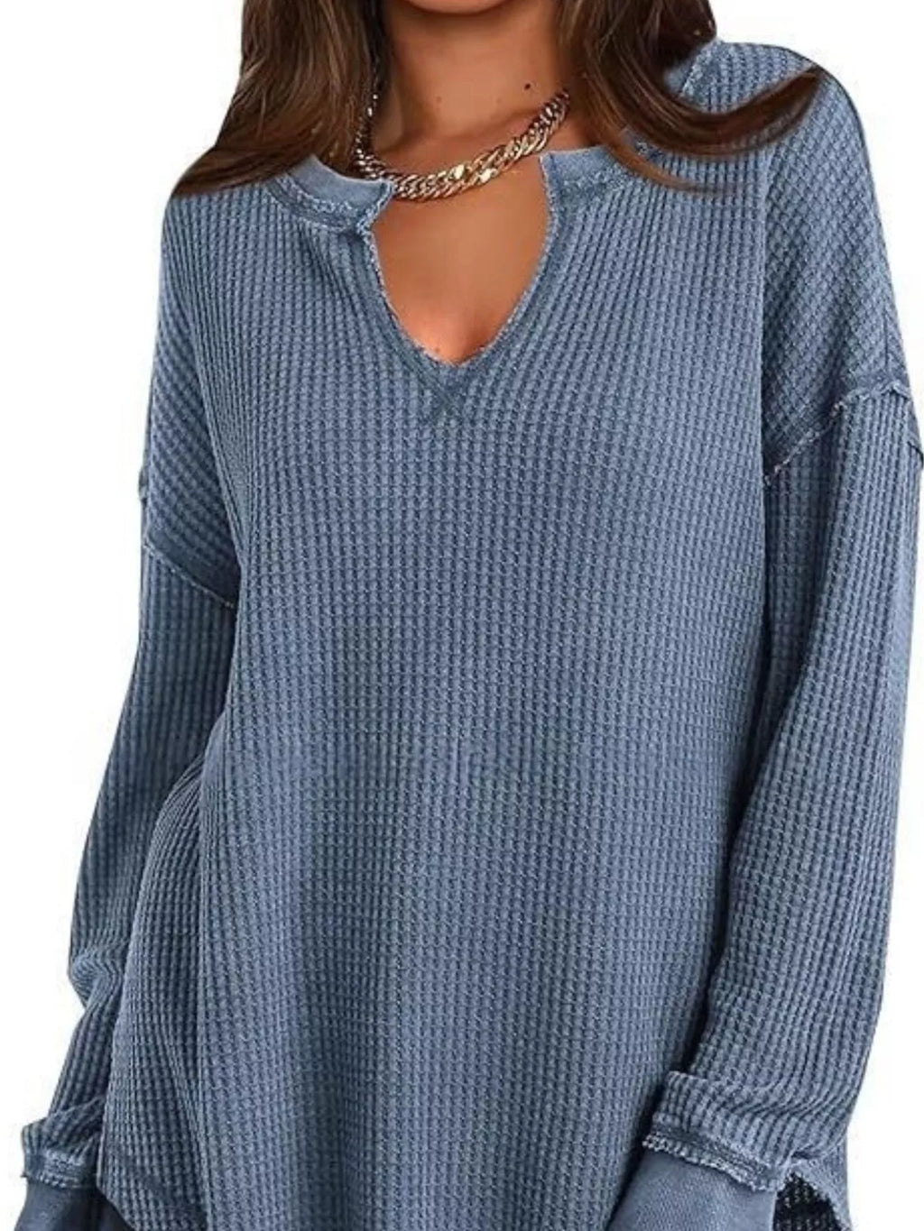 Slit Notched Long Sleeve T-Shirt - Seedandsoulful