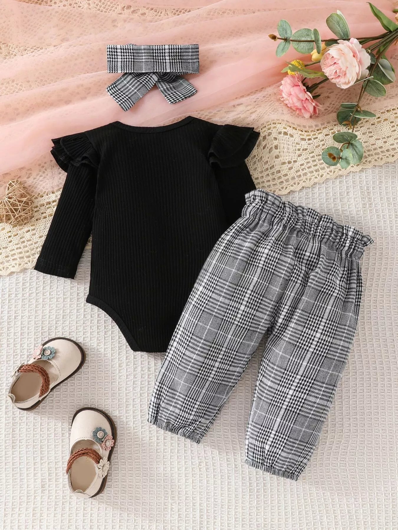 Children's Bodysuit & Plaid Pants & Headband Set - Seedandsoulful