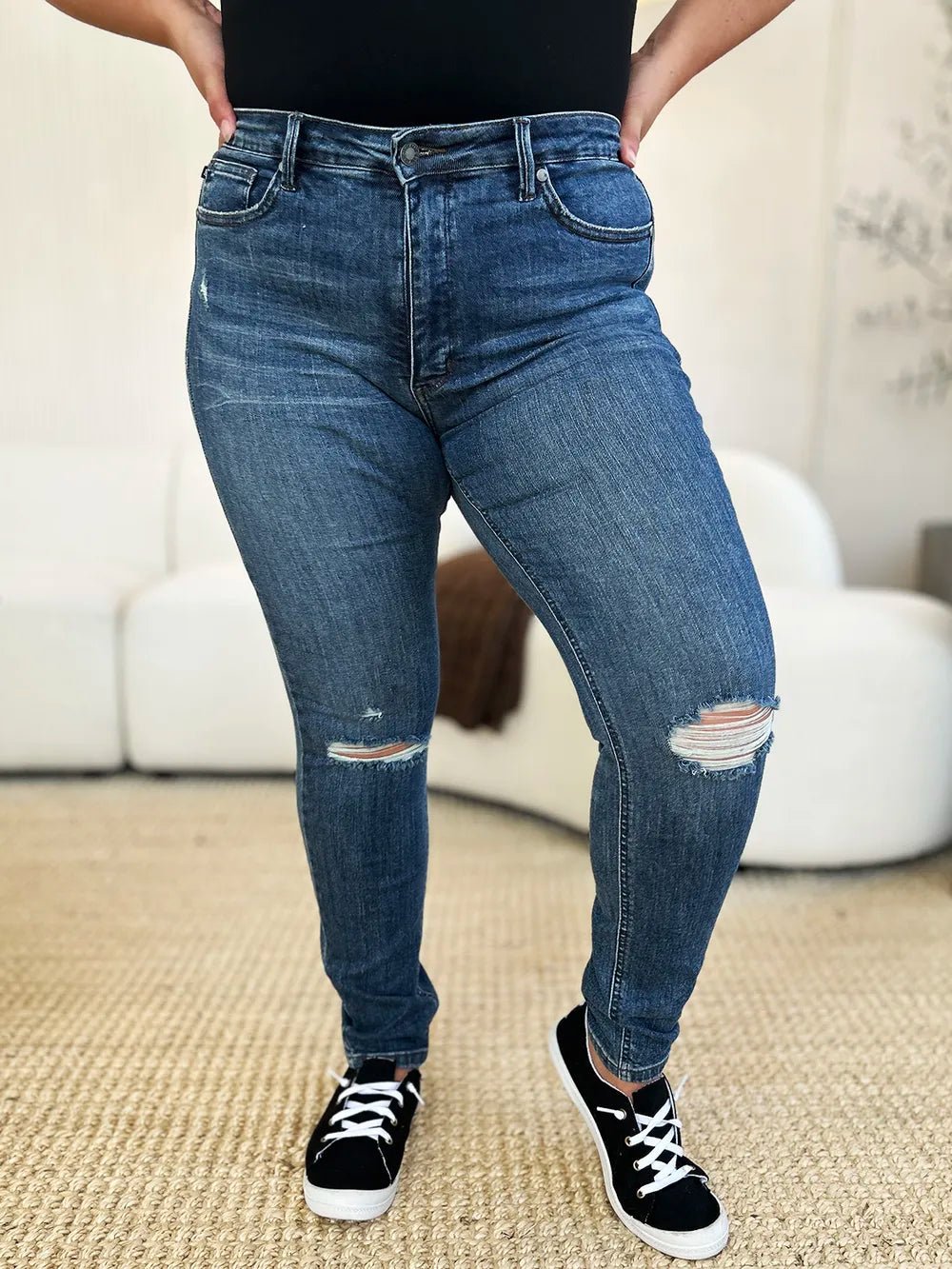 Judy Blue Full Size Mid Waist Distressed Slim Jeans - Seedandsoulful