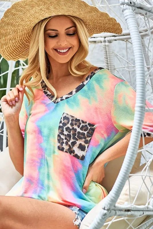 BiBi Tie Dye Print V Neck Top With Front Patch Pocket - Seedandsoulful