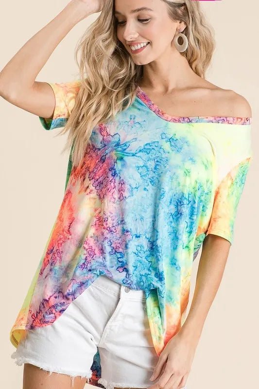 BiBi Tie Dye Print Jersey V Neck Top - Seedandsoulful
