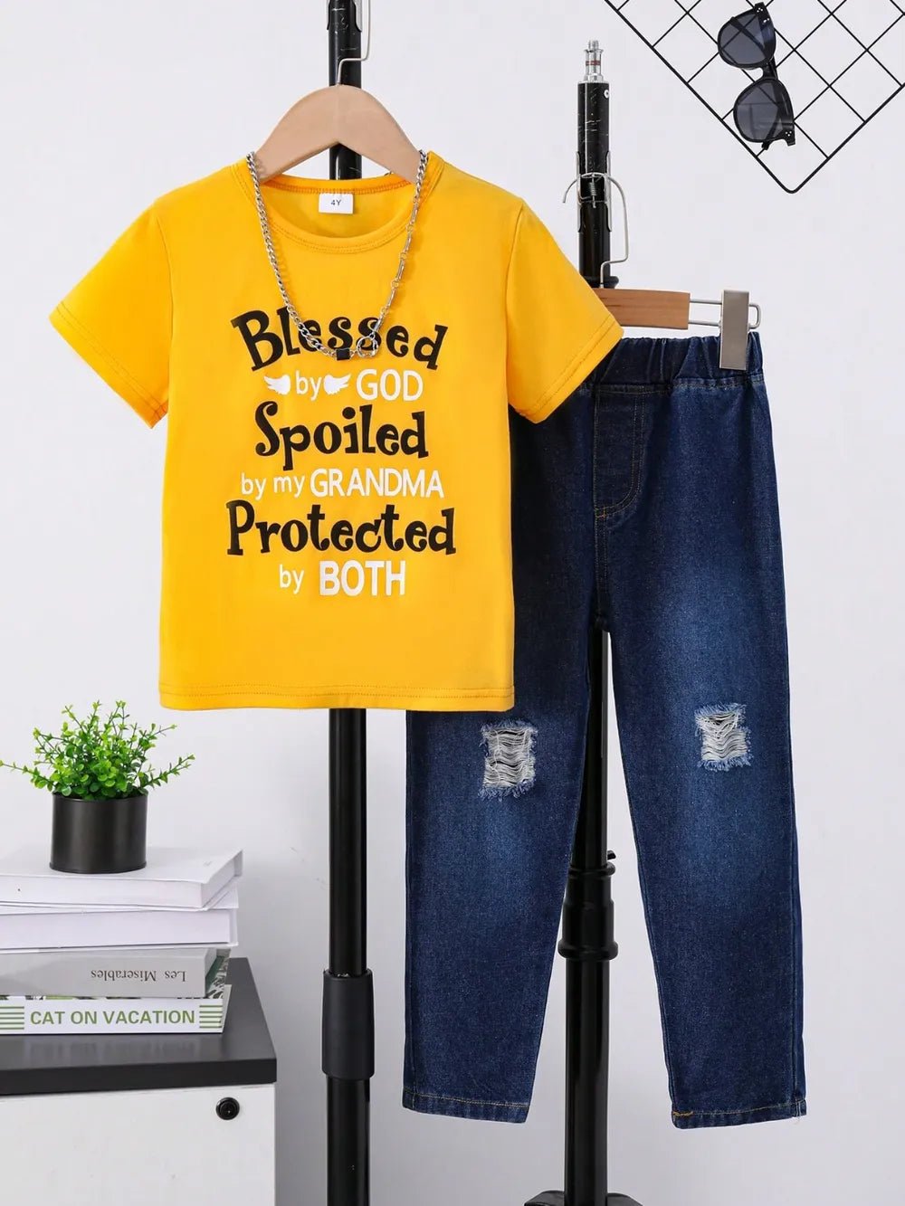 Children's Round Neck Letter Graphic T-Shirt and Distressed Jeans Set - Seedandsoulful