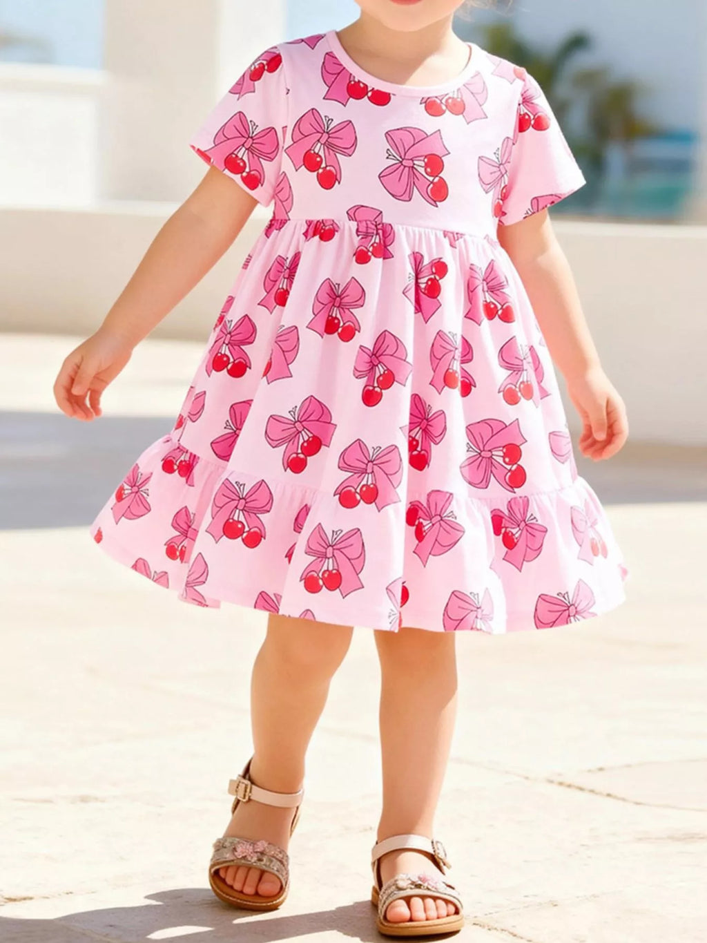 Children's Cherry Bowknot Print Ruffle Hem Dress - Seedandsoulful