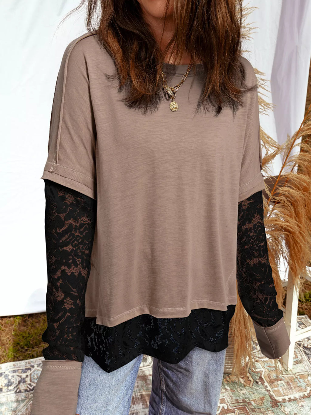 Sheer Lace Patchwork Casual Long Sleeve Tee - Seedandsoulful