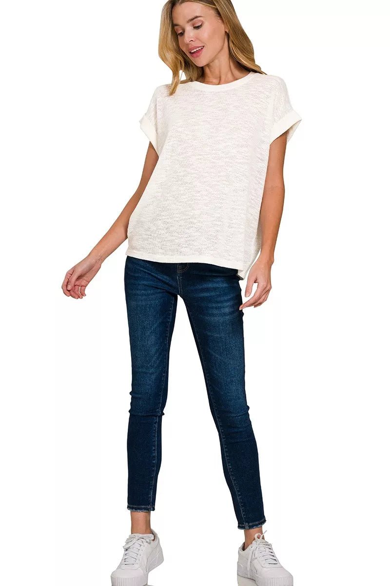 Zenana Hacci Slub Rolled Up Sleeve Tee - Seedandsoulful
