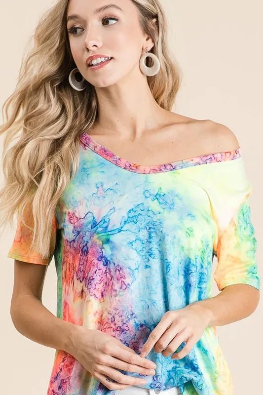 BiBi Tie Dye Print Jersey V Neck Top - Seedandsoulful