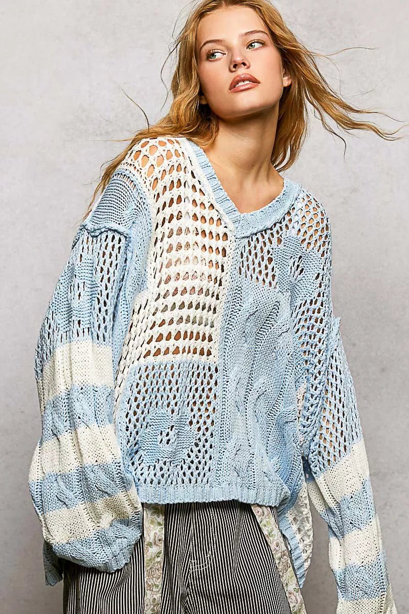 POL Color - Blocked Stripe Pattern Knit Top with Twisted Weave - Seedandsoulful