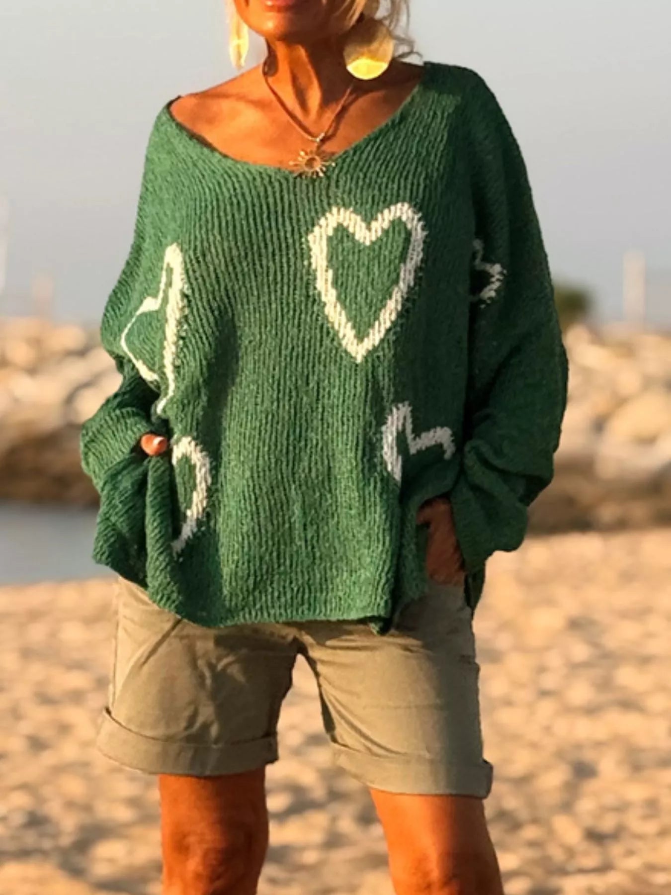 Heart V - Neck Dropped Shoulder Sweater - Seedandsoulful
