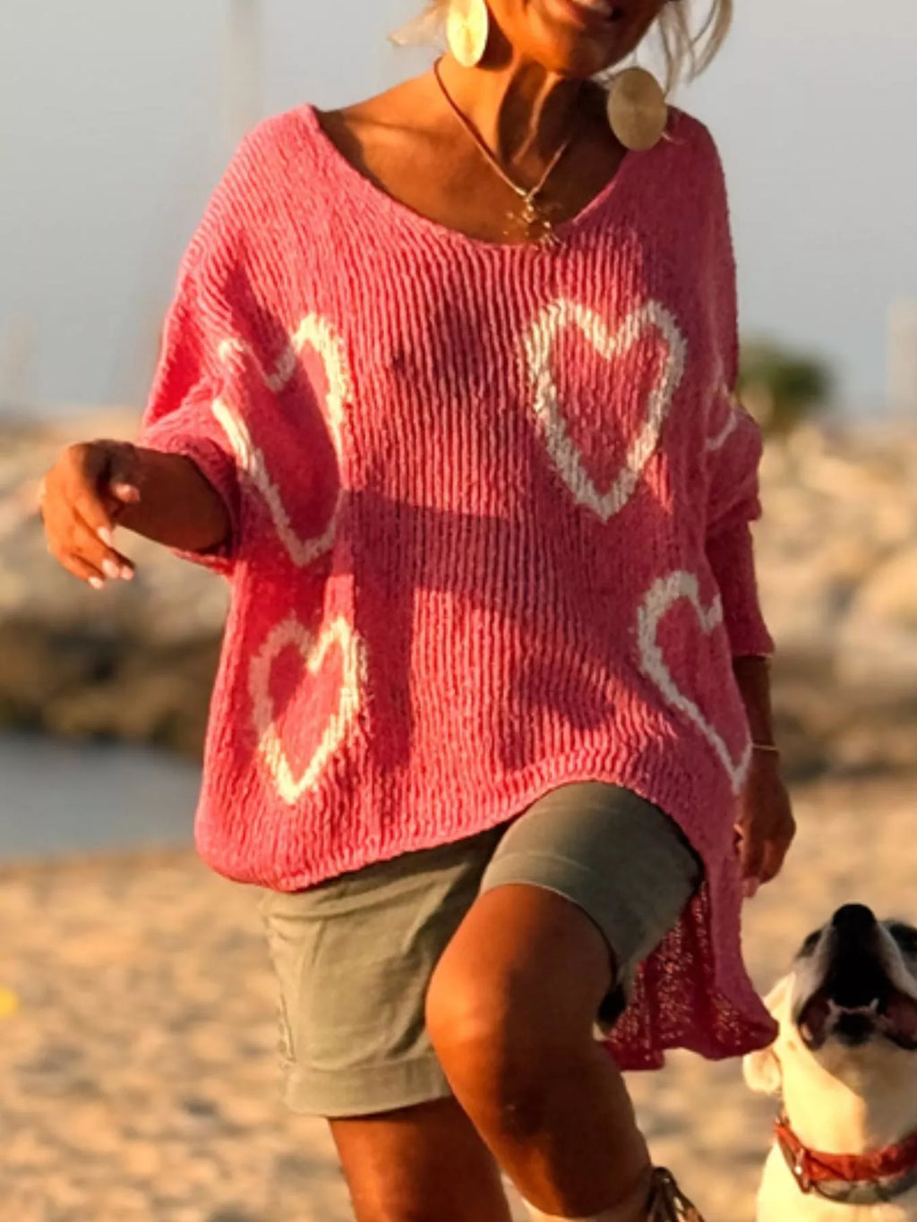 Heart V - Neck Dropped Shoulder Sweater - Seedandsoulful