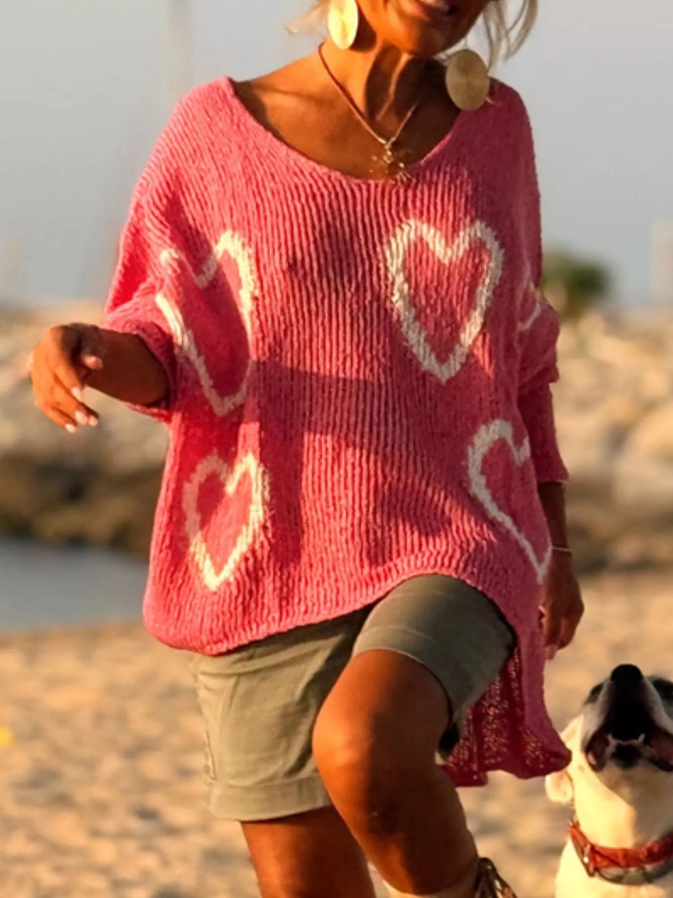 Heart V - Neck Dropped Shoulder Sweater - Seedandsoulful