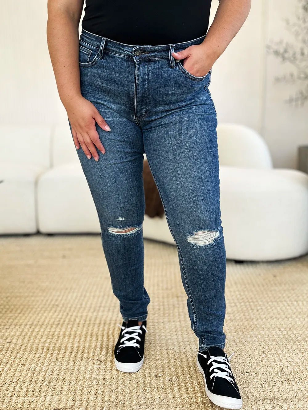 Judy Blue Full Size Mid Waist Distressed Slim Jeans - Seedandsoulful