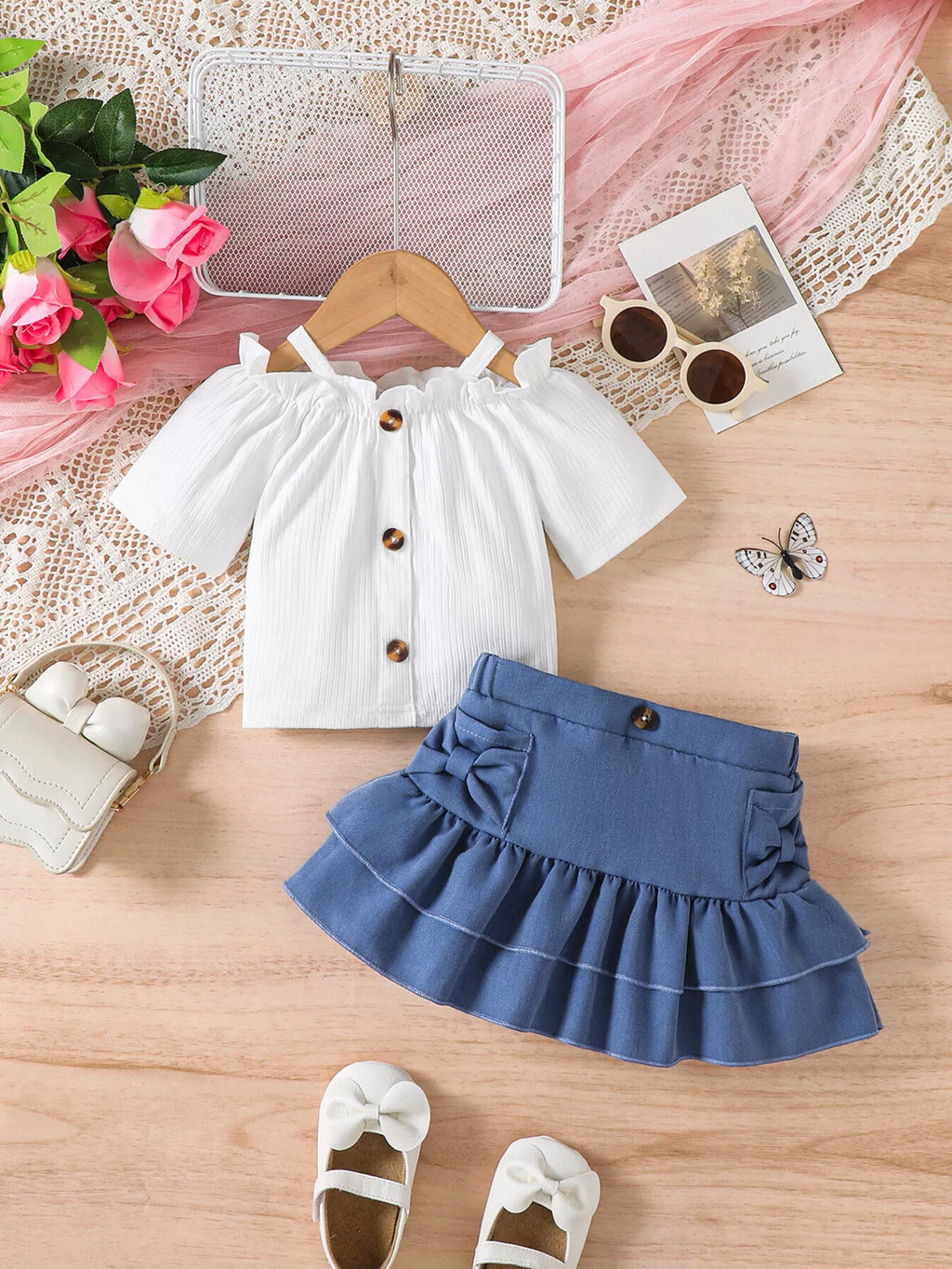 Children's Off - Shoulder Top and Ruffled Denim Skirt Set - Seedandsoulful
