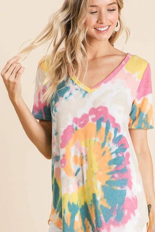 BiBi Circular Tie Dye Print V Neck Top - Seedandsoulful